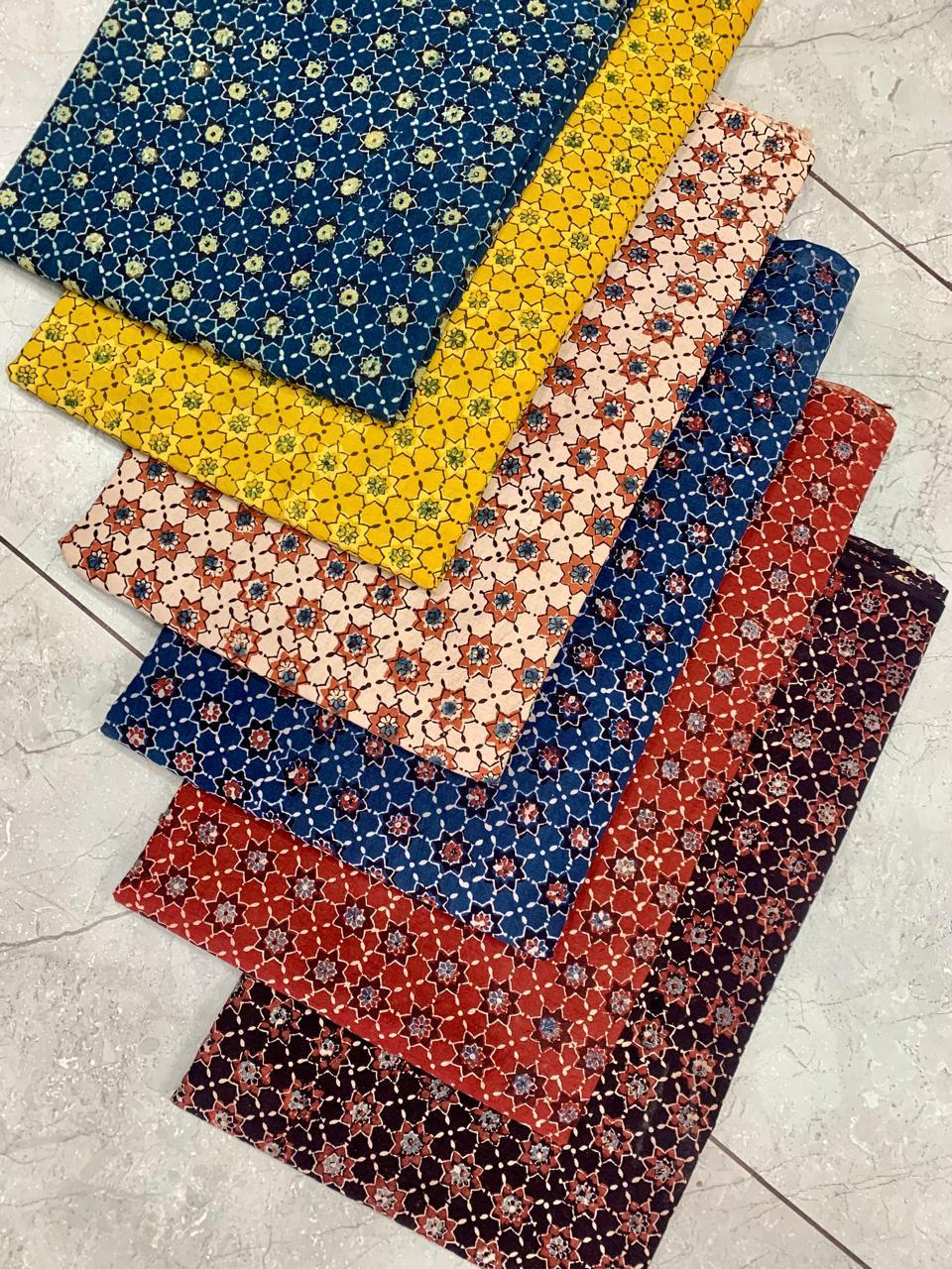 Ajrakh pure cotton handblock printed fabric in mustard base with multicolour traditional print